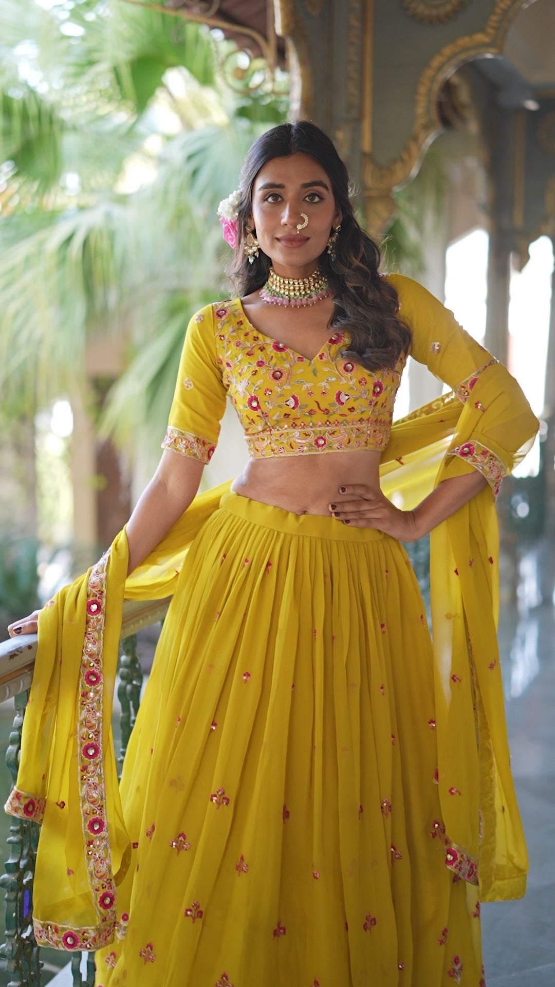 Thread Embroidered Georgette Mustard Yellow Lehenga Choli For Women