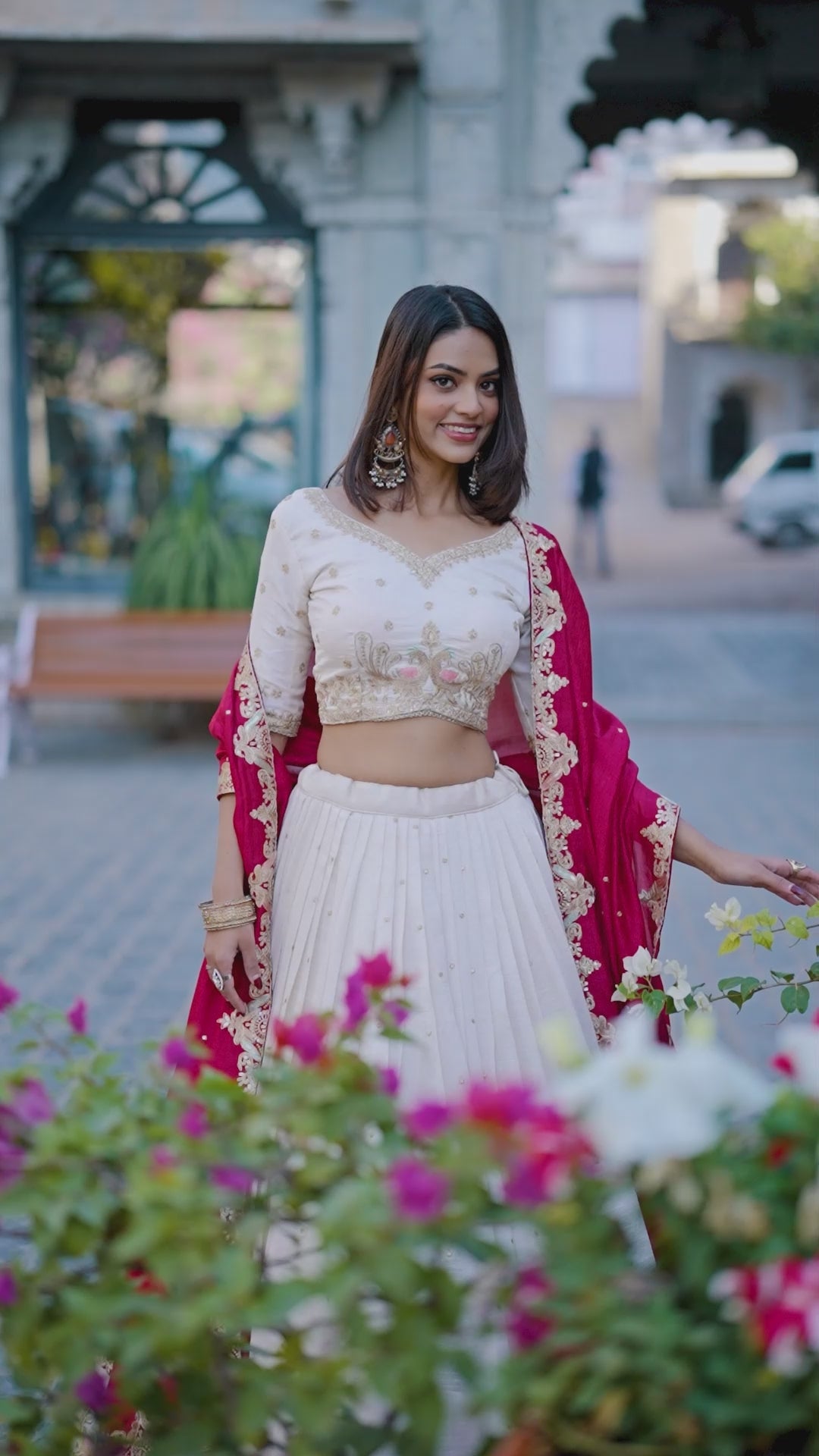 Off white Color Sequins And Thread Embroidery Work Vichitra Silk Lehenga Choli