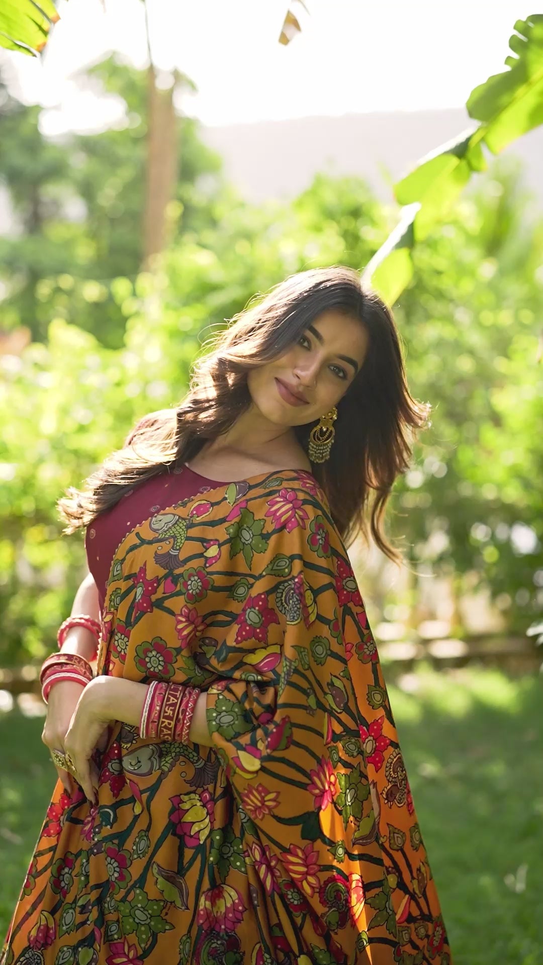 Red Kalamkari Print Tussar Silk Lehenga Set