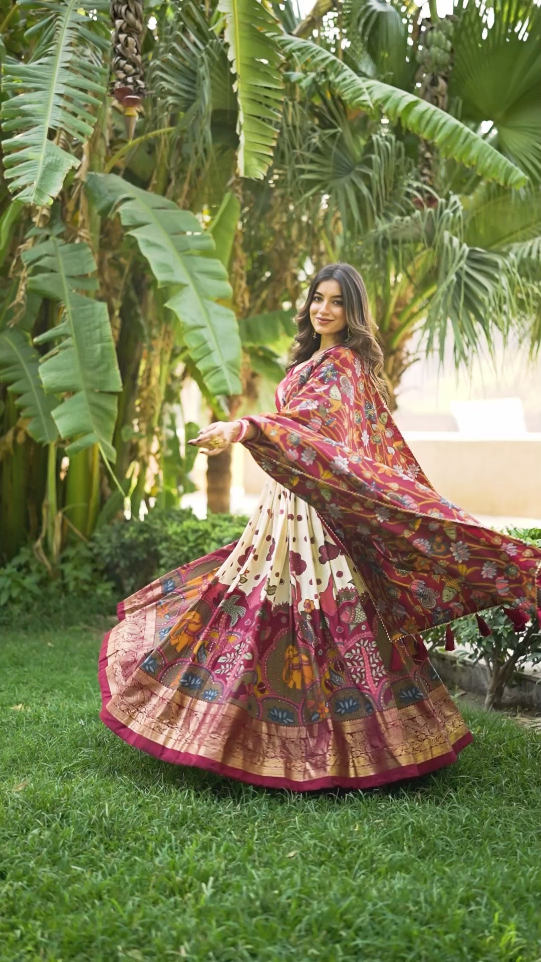 White Kalamkari Print Tussar Silk Lehenga Set