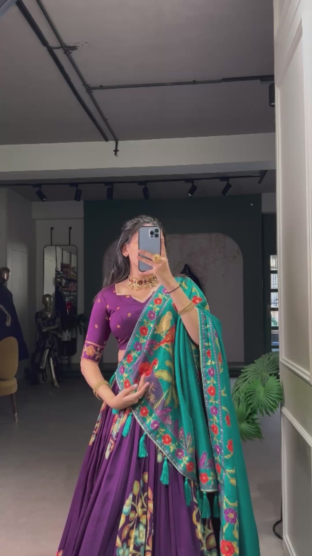 Purple Tussar Silk Printed Lehenga Set with Foil Work & Gotta Patti Dupatta