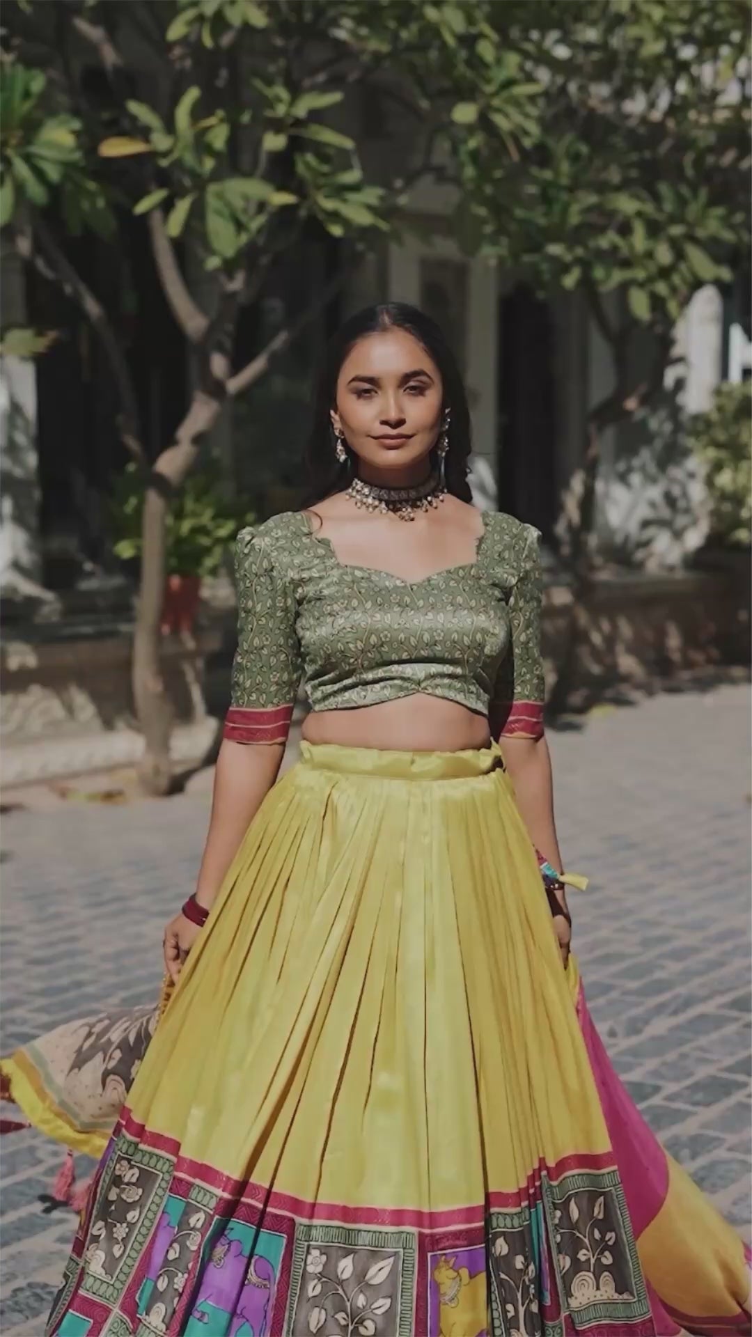 Mustard Kalamkari Lehenga in Tussar Silk With Foil Work Lehenga