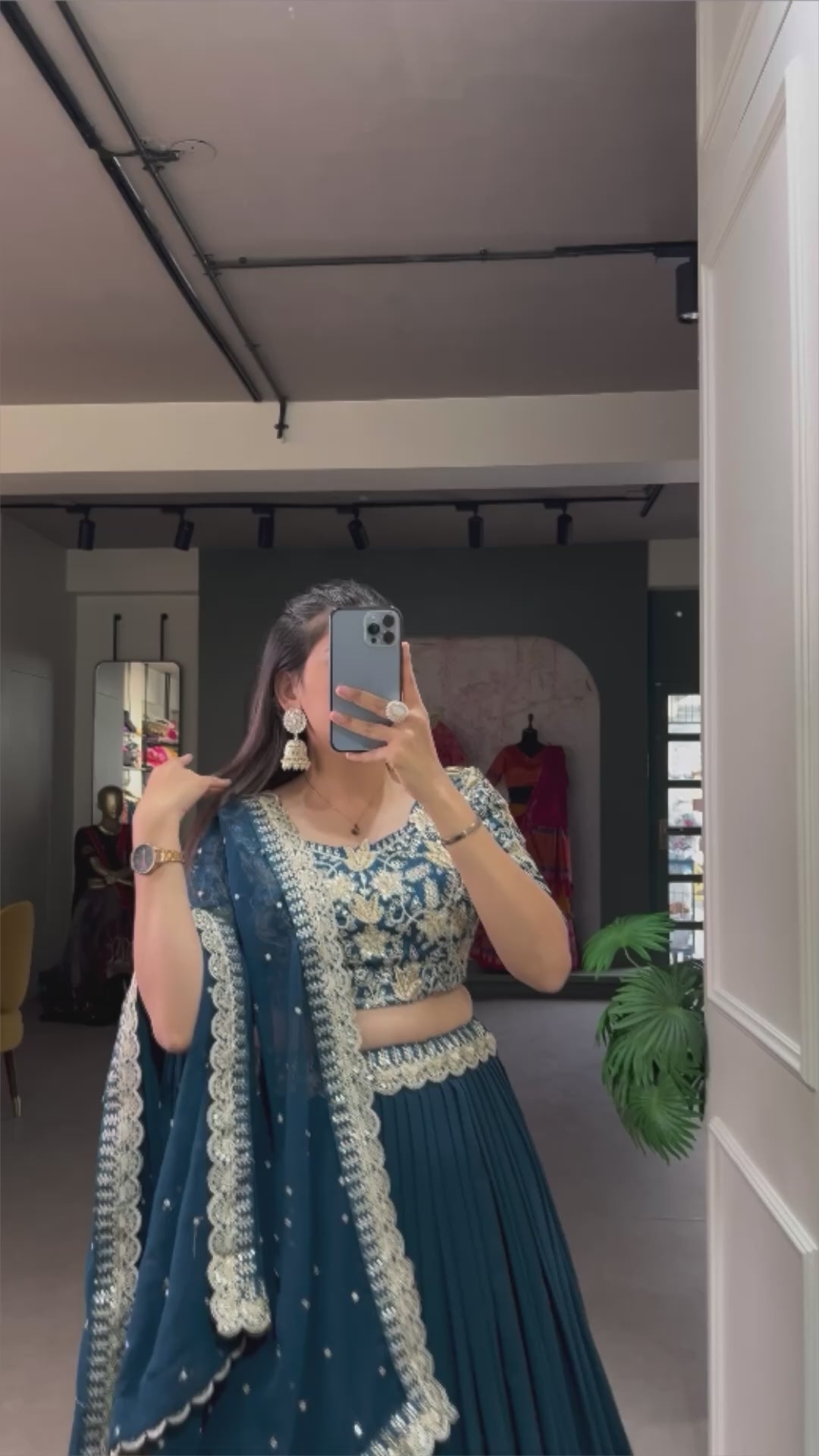 Women's Teal Georgette Plain With Sequins And Thread Embroidery Work Belt Lehenga Choli
