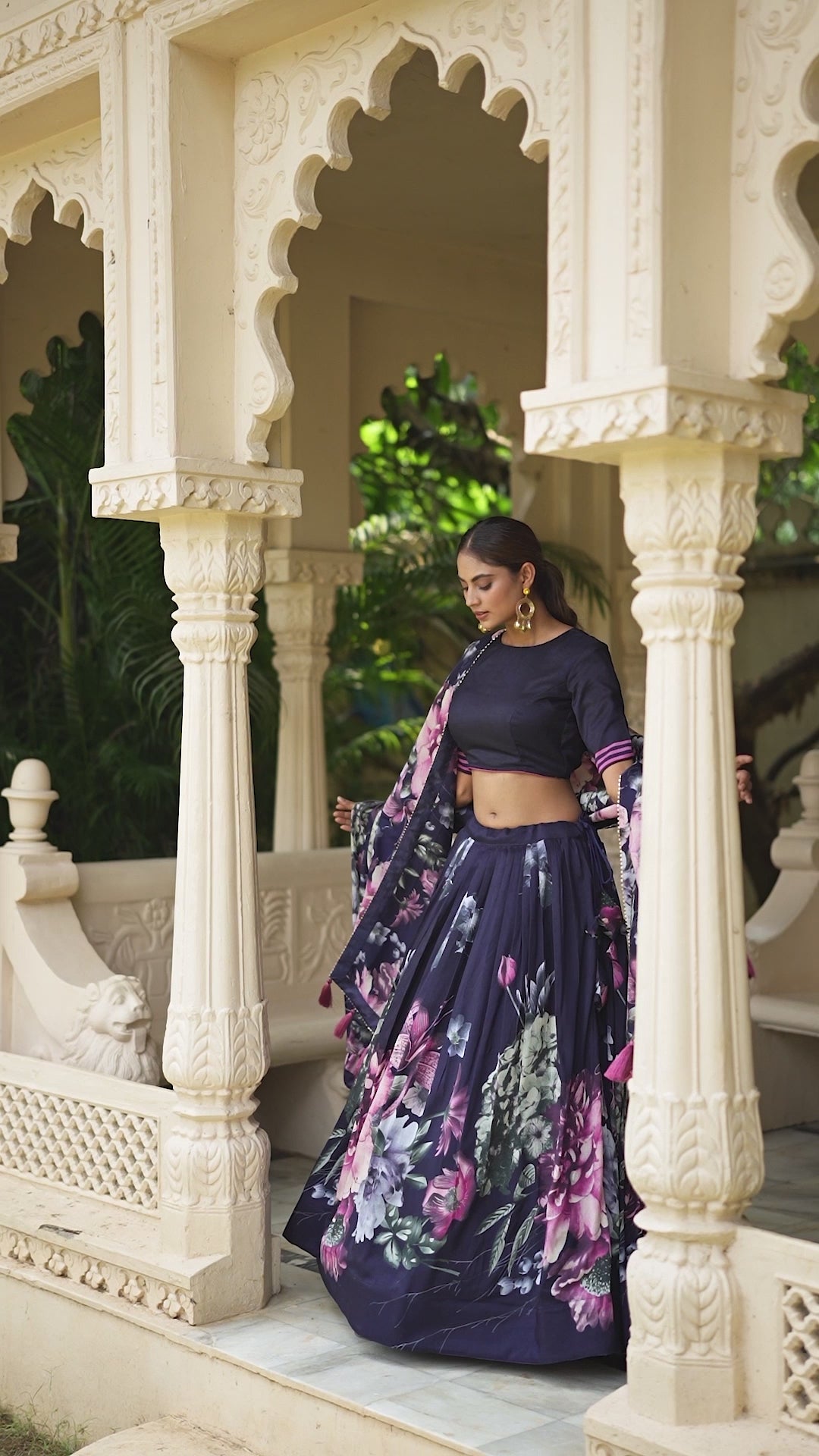 Navy Blue Color Tussar Silk Floral Printed Lehenga Choli