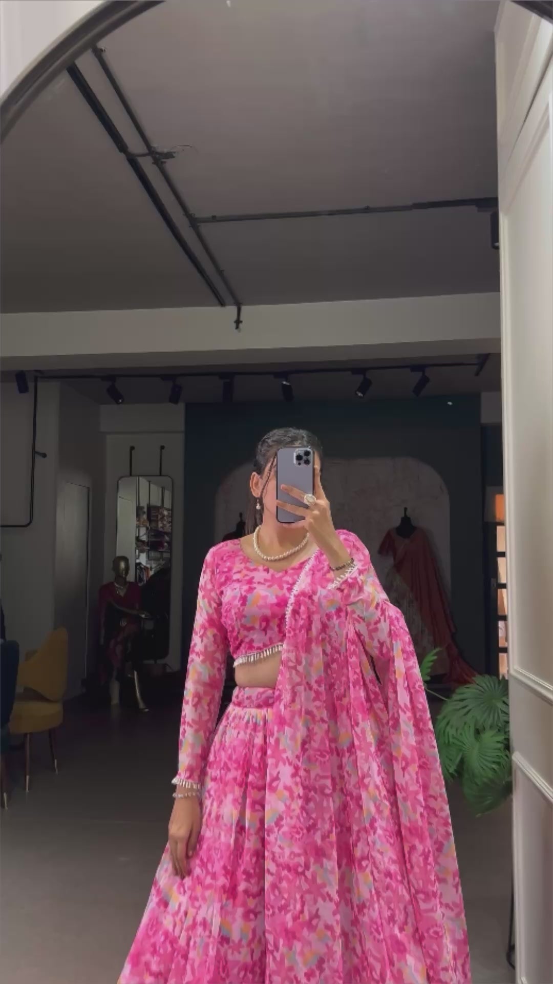 Pink Elegant Georgette Lehenga Set with Printed Design & Lace Touch-Up