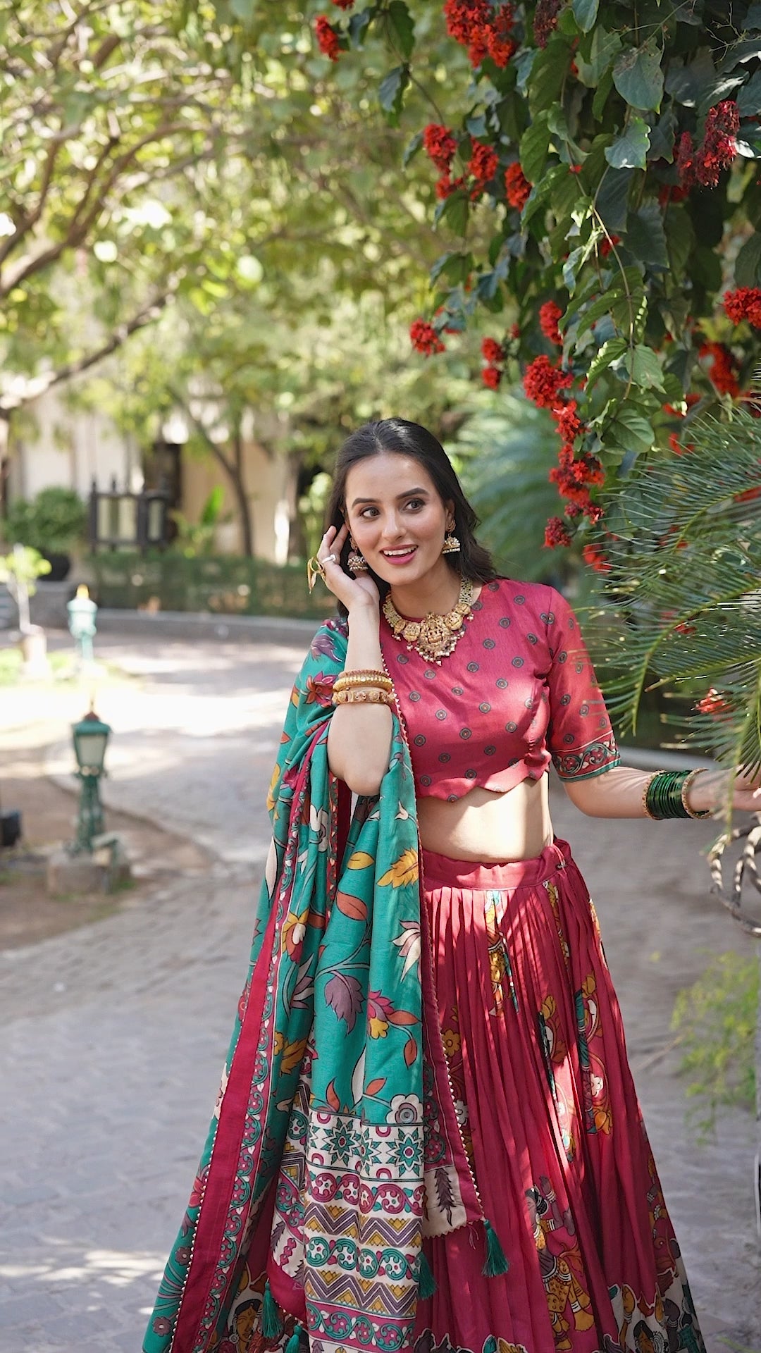 Salmon Color Kalamkari Print With Foil Work Tussar Silk Lehenga Choli