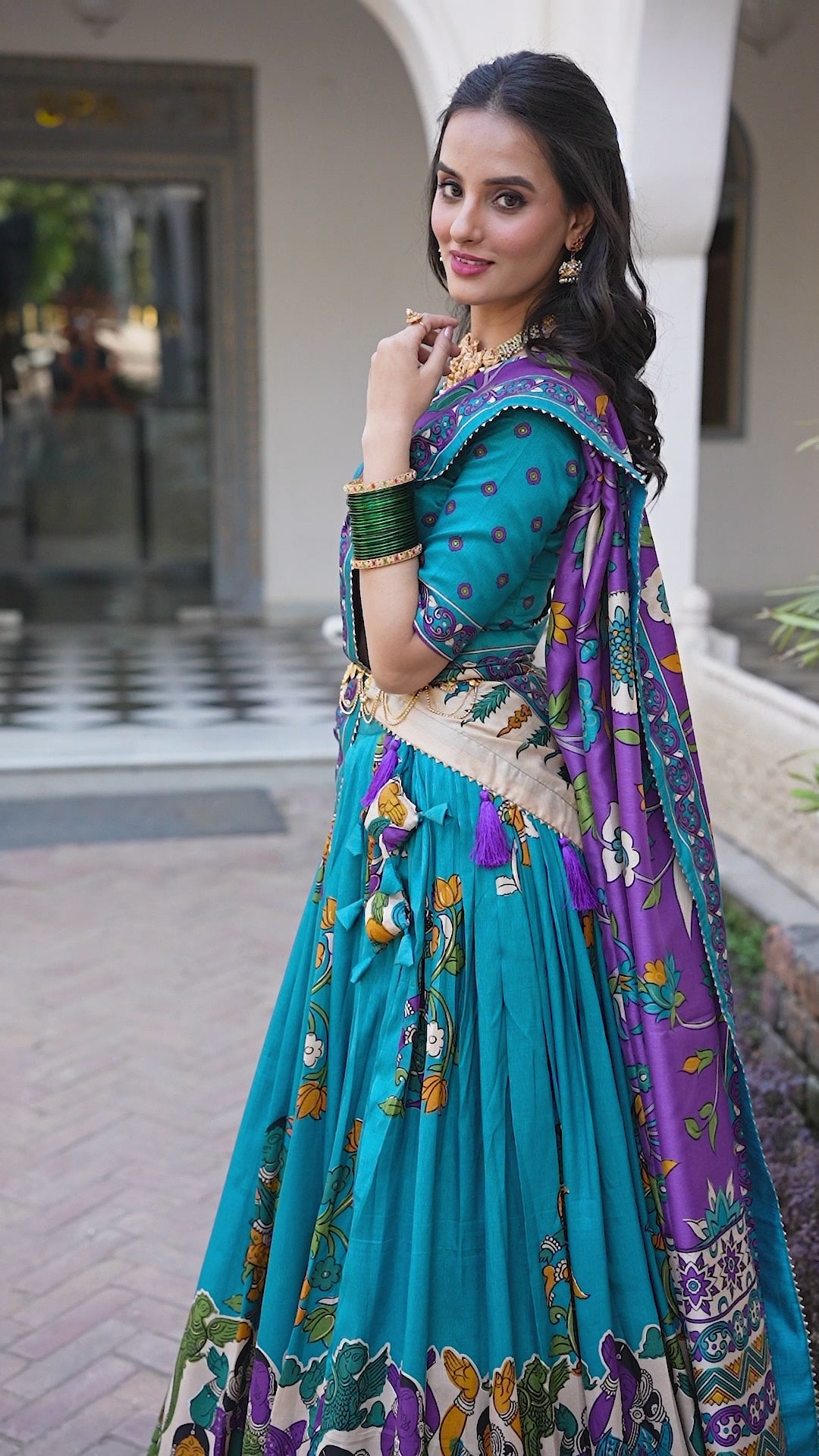 Firozi Color Kalamkari Print With Foil Work Tussar Silk Lehenga Choli