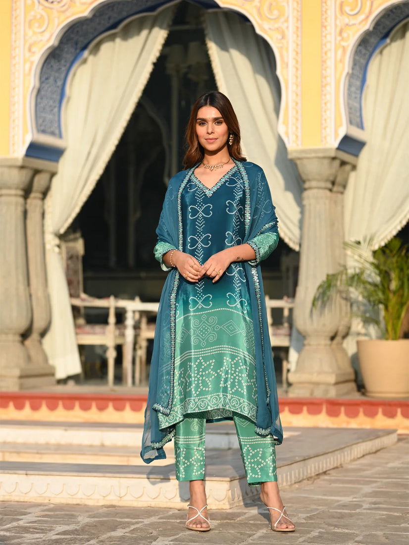 Stylish Womens Chinnon Position Print with Embroidered Kurti Pant and Bandhani Printed Embroidered Lace Work Dupatta Set