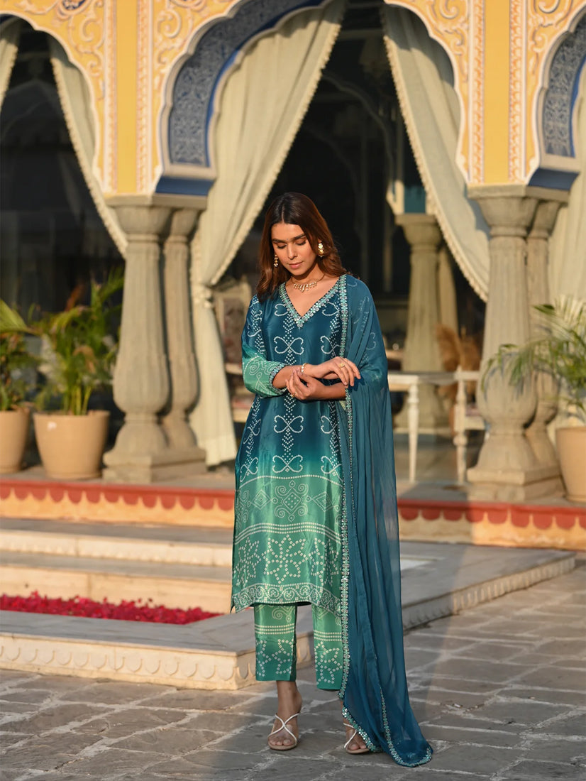 Stylish Womens Chinnon Position Print with Embroidered Kurti Pant and Bandhani Printed Embroidered Lace Work Dupatta Set
