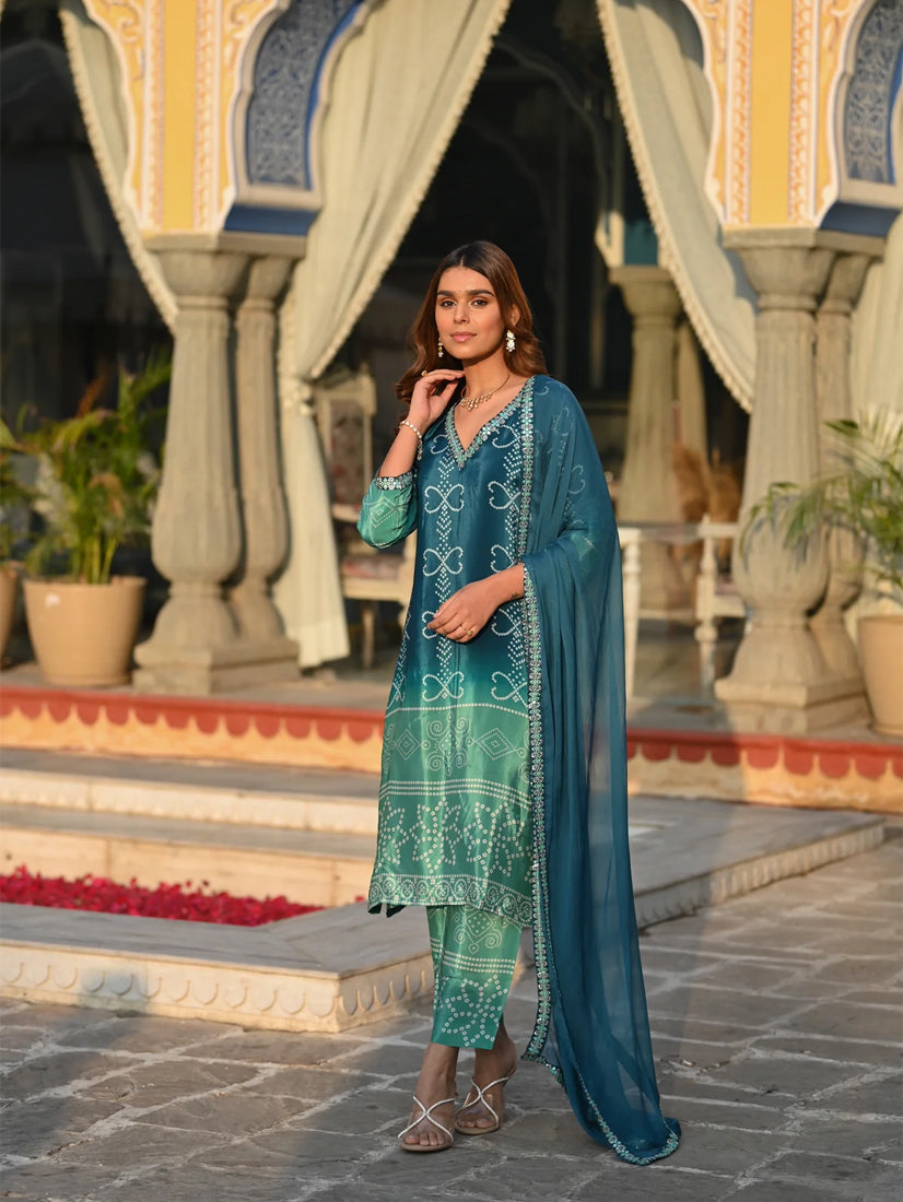 Stylish Womens Chinnon Position Print with Embroidered Kurti Pant and Bandhani Printed Embroidered Lace Work Dupatta Set