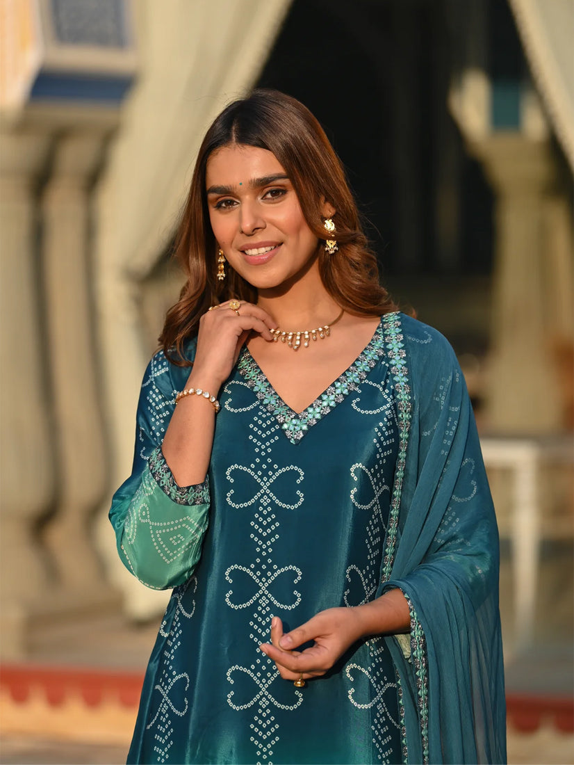 Stylish Womens Chinnon Position Print with Embroidered Kurti Pant and Bandhani Printed Embroidered Lace Work Dupatta Set