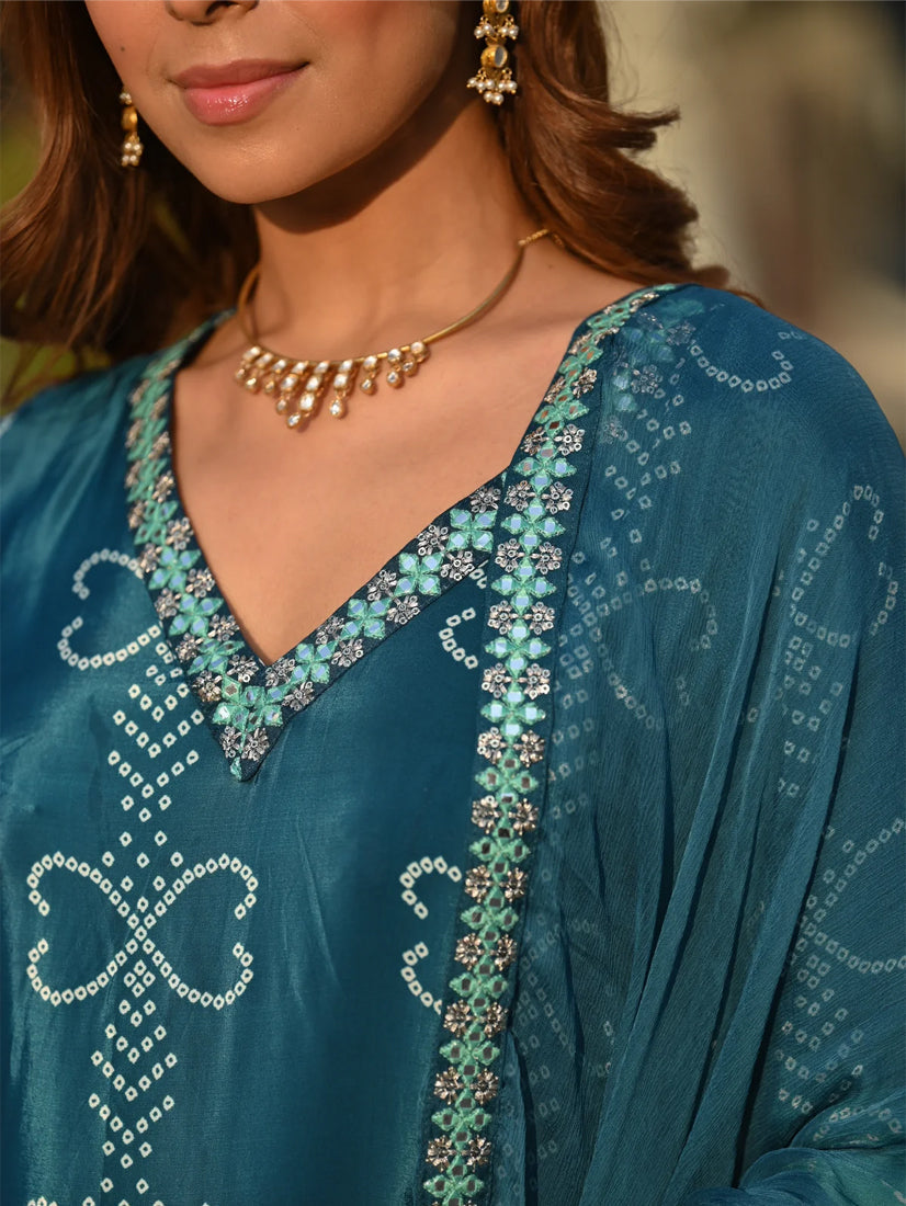 Stylish Womens Chinnon Position Print with Embroidered Kurti Pant and Bandhani Printed Embroidered Lace Work Dupatta Set