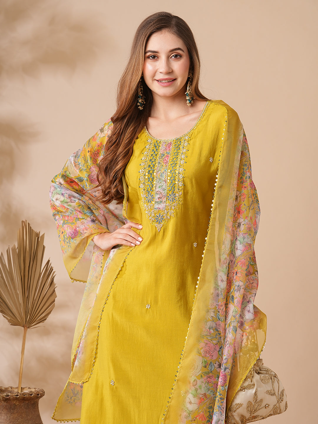 Women's Chanderi cotton Embroidered Straight Kurta with Chanderi cotton Pant & Premium Organza Printed Dupatta Set