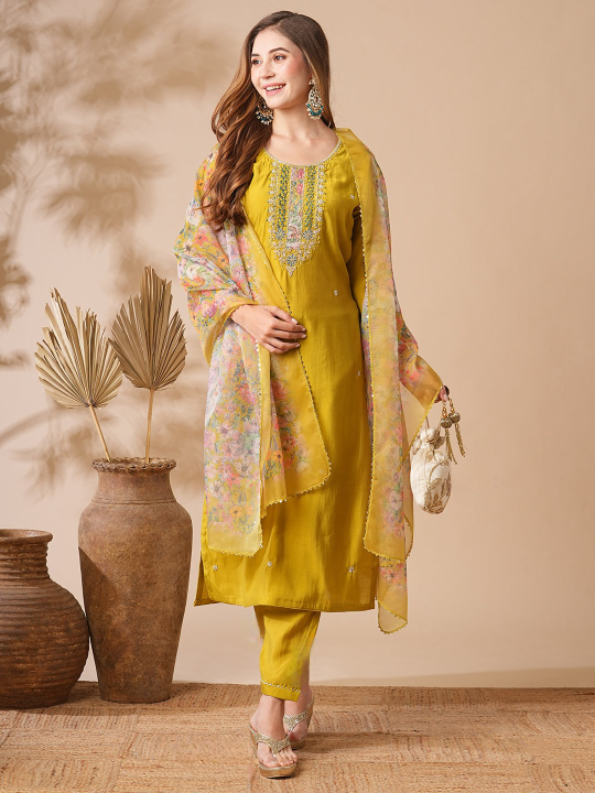 Women's Chanderi cotton Embroidered Straight Kurta with Chanderi cotton Pant & Premium Organza Printed Dupatta Set