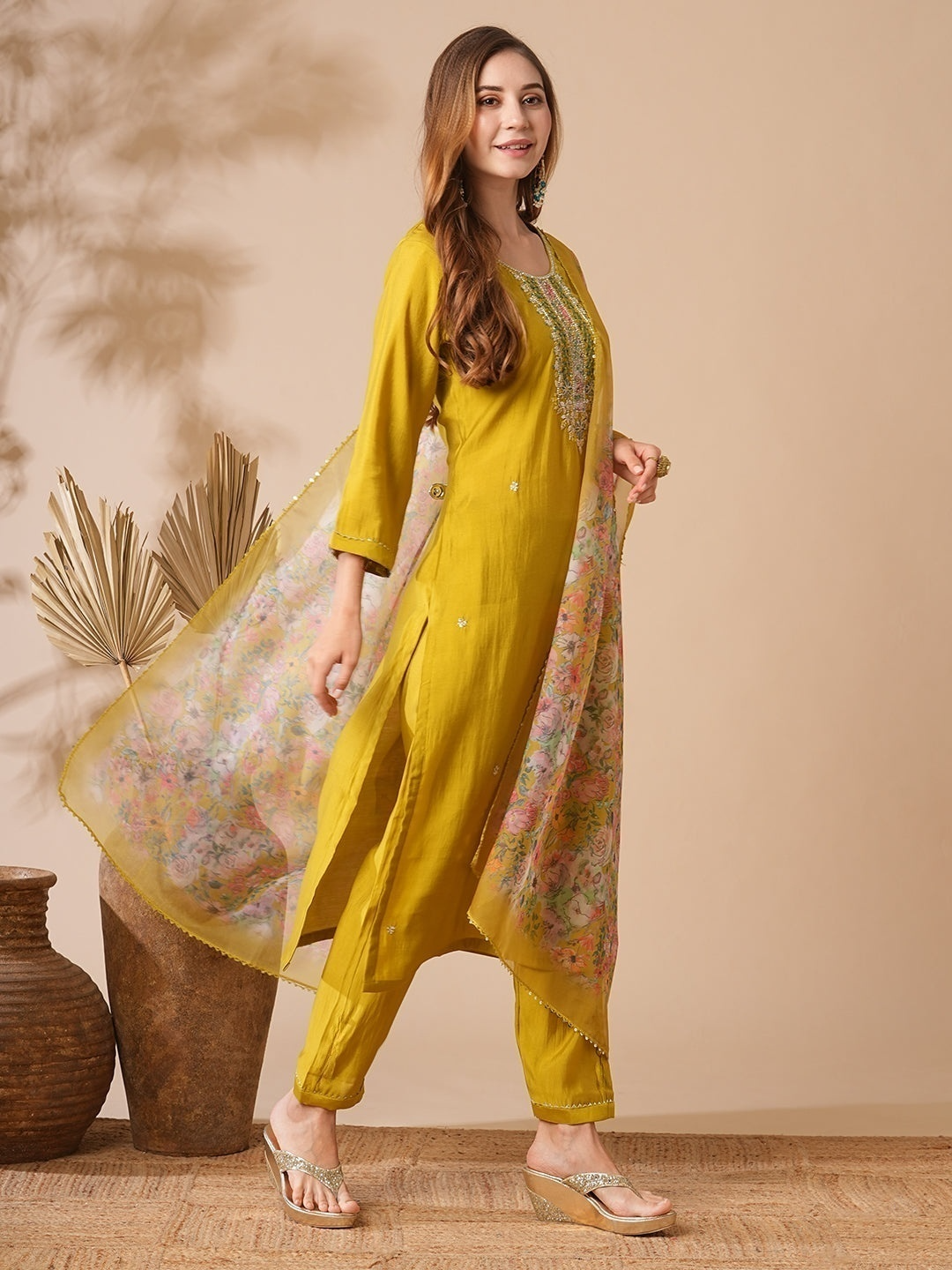 Women's Chanderi cotton Embroidered Straight Kurta with Chanderi cotton Pant & Premium Organza Printed Dupatta Set