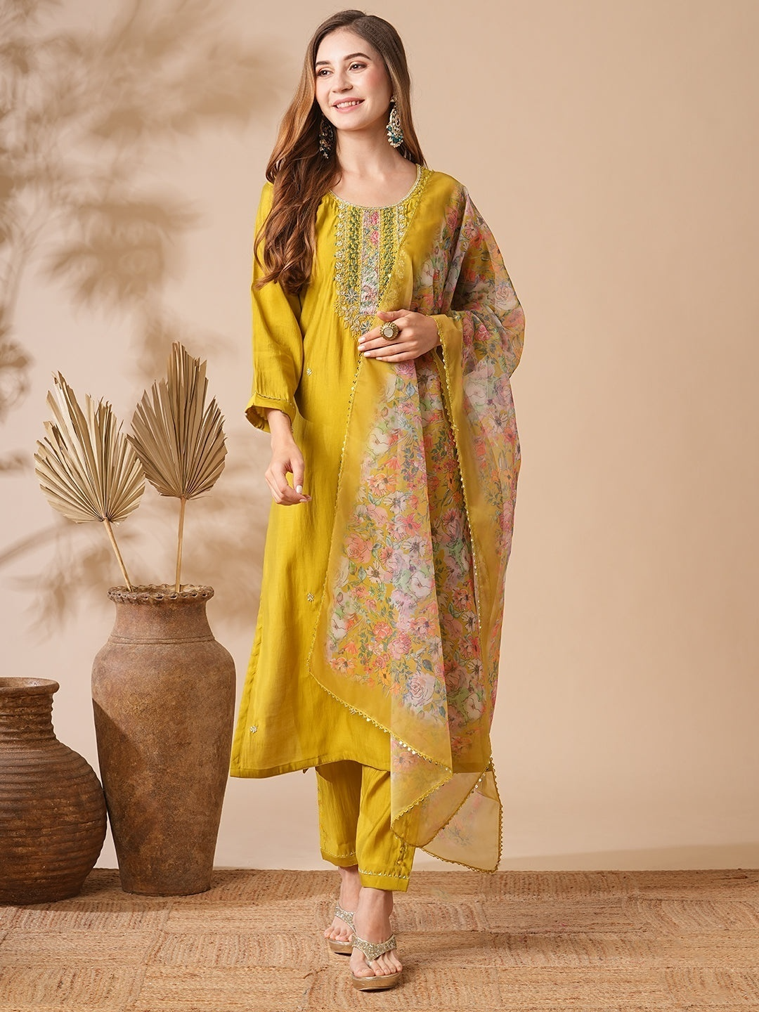 Women's Chanderi cotton Embroidered Straight Kurta with Chanderi cotton Pant & Premium Organza Printed Dupatta Set