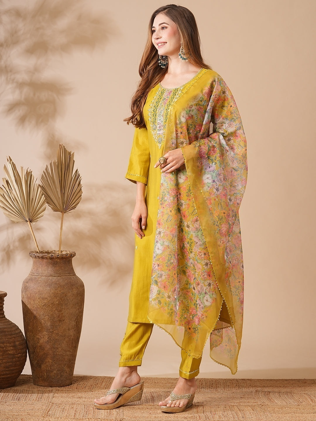 Women's Chanderi cotton Embroidered Straight Kurta with Chanderi cotton Pant & Premium Organza Printed Dupatta Set