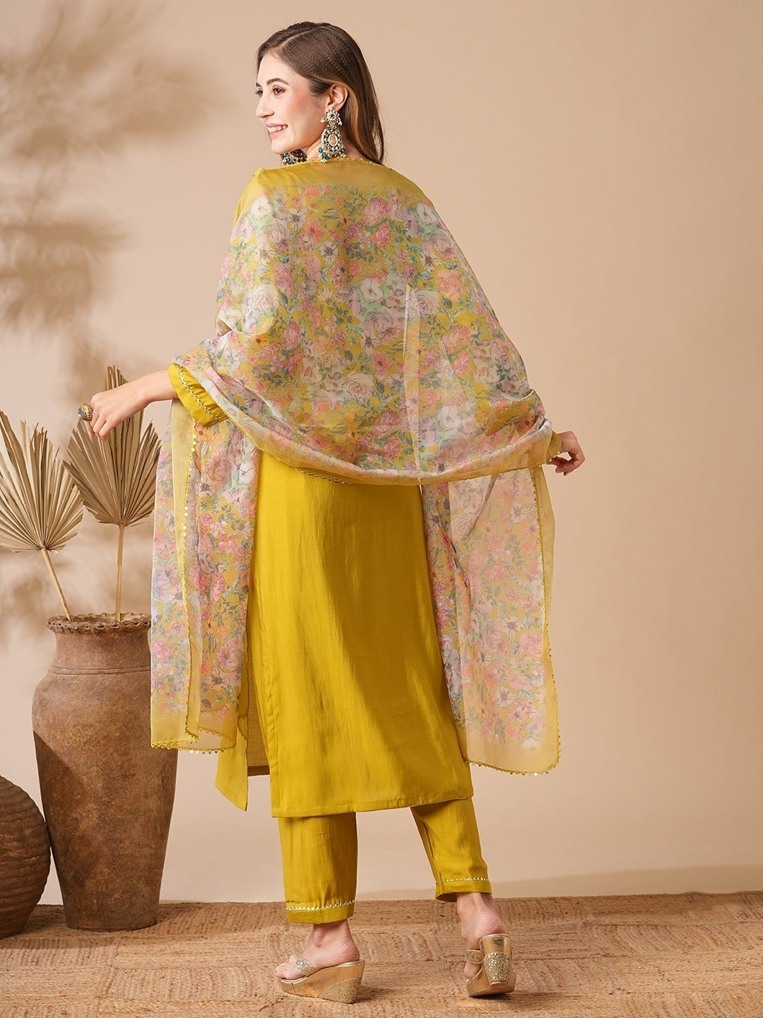 Women's Chanderi cotton Embroidered Straight Kurta with Chanderi cotton Pant & Premium Organza Printed Dupatta Set